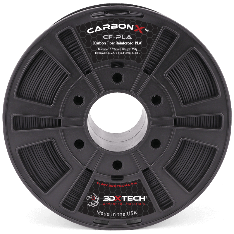 Carretel de filamento 3DXTech CarbonX PLA+CF preto de 1,75 mm, em vista frontal
