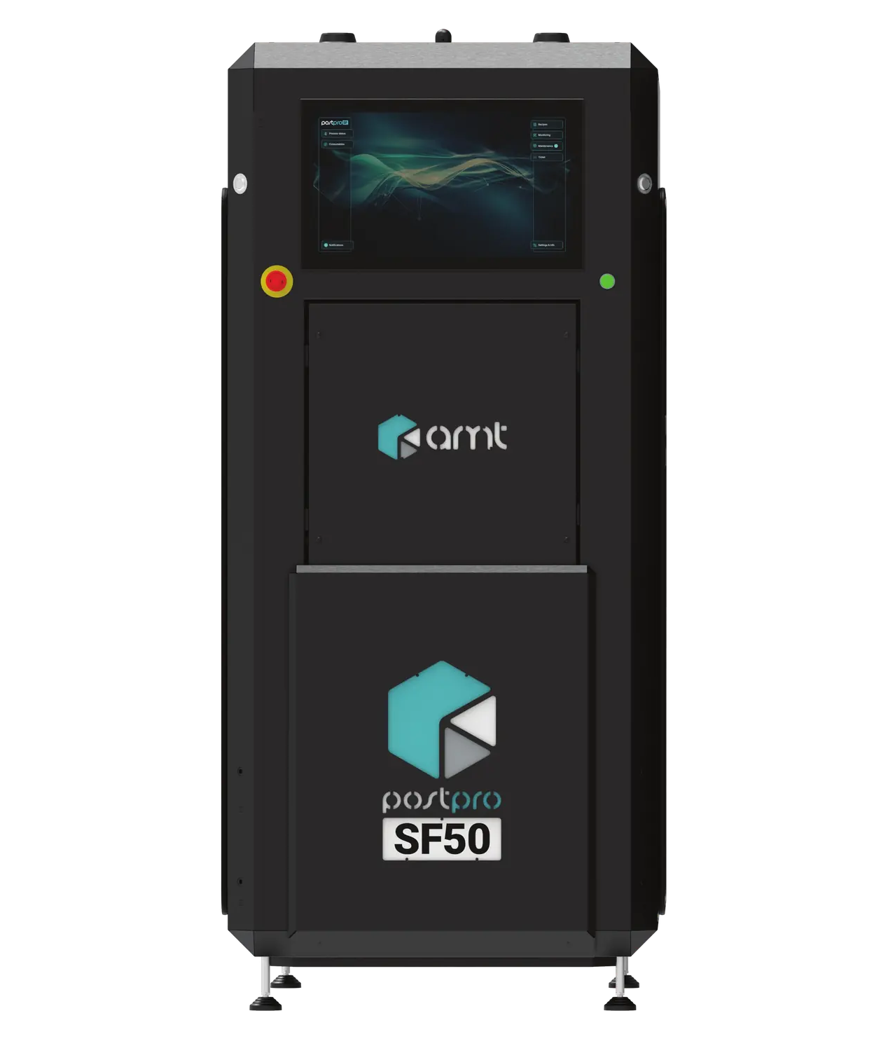 Sistema industrial de alisamento a vapor AMT PostPro SF50, gabinete preto com tela no topo e botão de emergência, em vista frontal