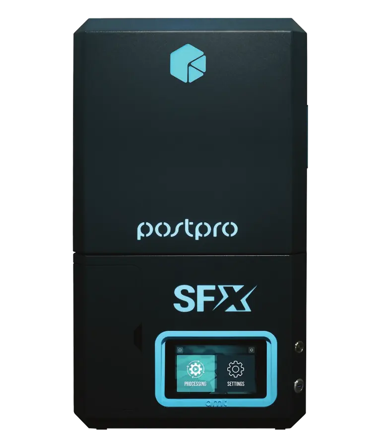 Sistema de bancada de alisamento a vapor AMT PostPro SFX, gabinete preto com tela de toque, em vista frontal
