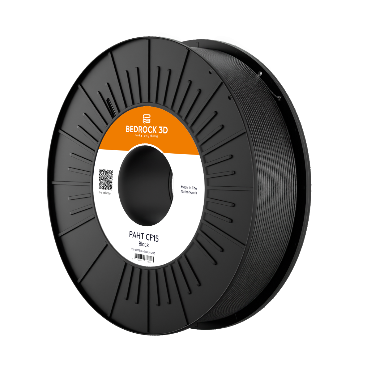 Carretel de filamento BedRock 3D PAHT CF15 preto de 1,75 mm e 750 g