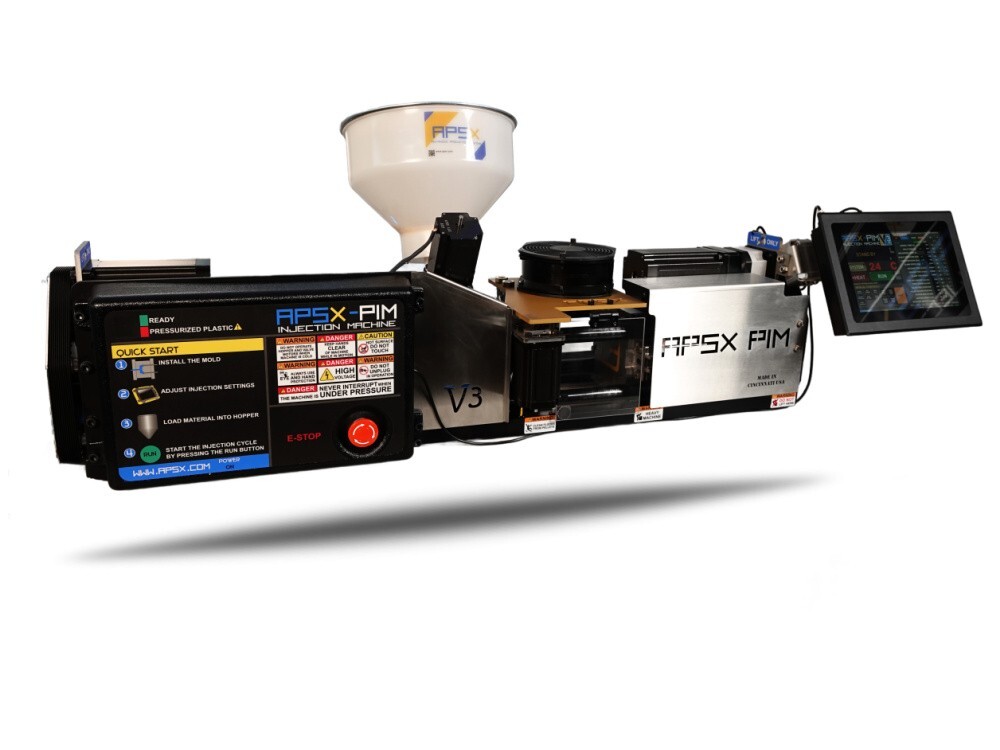 Injetora de bancada APSX-PIM V3 com funil de pellet e tela sensível ao toque
