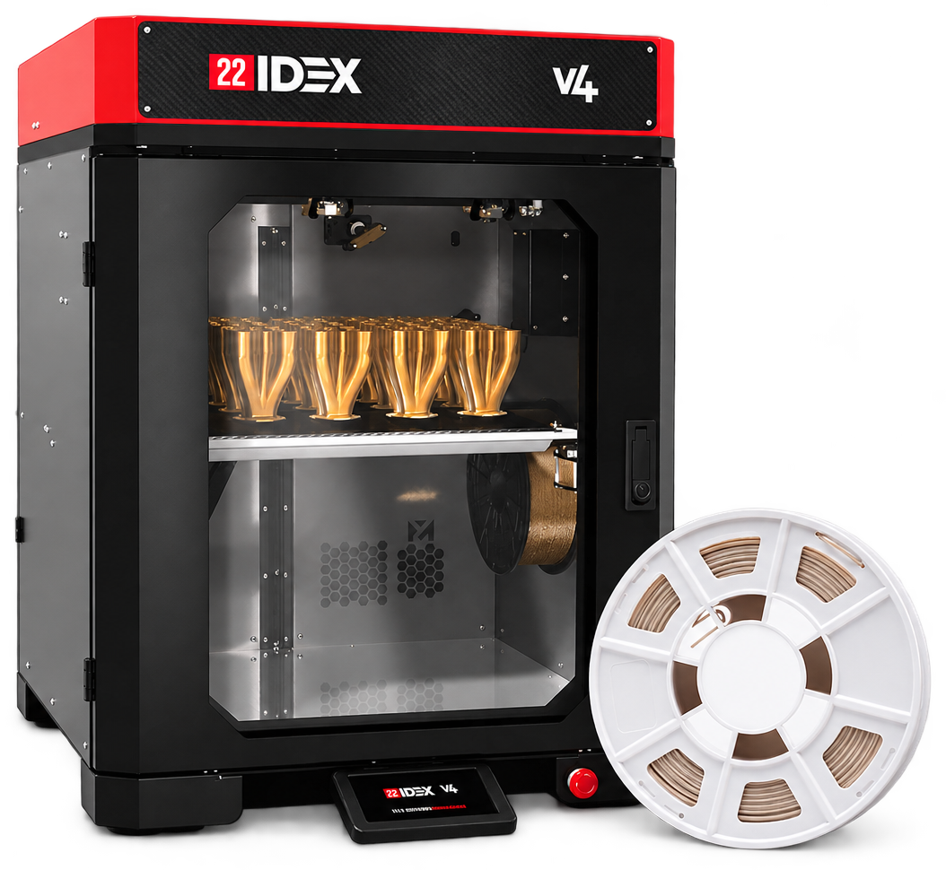 Impressora 3D Vision Miner 22 IDEX V4 com uma bobina de filamento Evonik INFINAM PEEK à frente