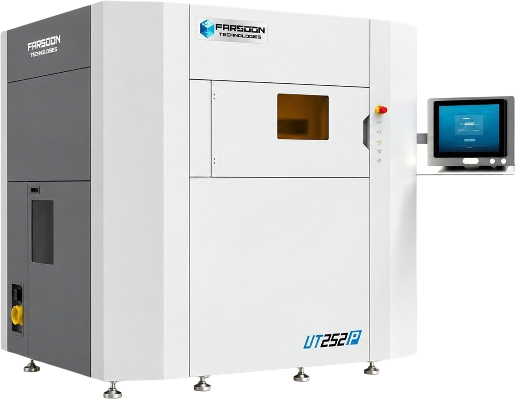 Impressora 3D SLS Farsoon UT252P de gabinete branco e cinza, com o nome do modelo na lateral
