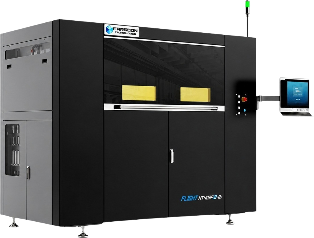 Impressora 3D SLS Farsoon Flight 403P-2 de gabinete preto, com janela de câmara e painel lateral
