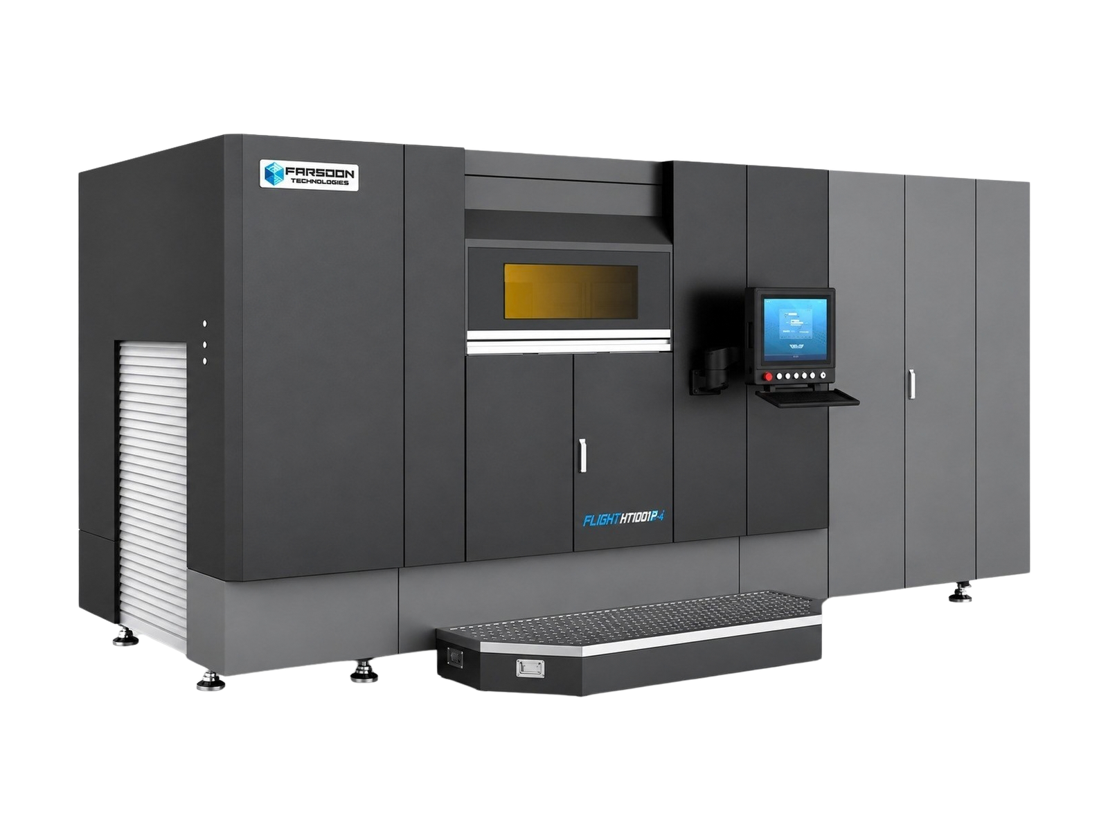 Impressora 3D SLS Farsoon Flight HT1001P em vista de três quartos, com fundo transparente