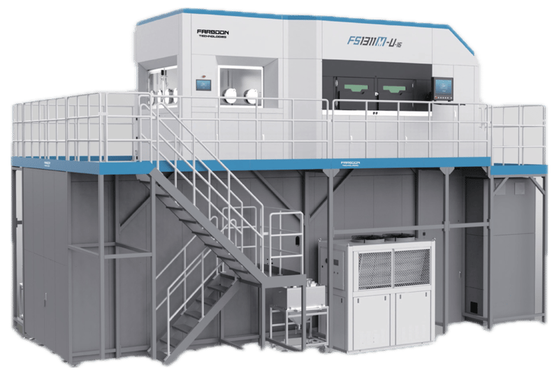 Impressora 3D de metal Farsoon FS1311M em vista de três quartos, com fundo transparente