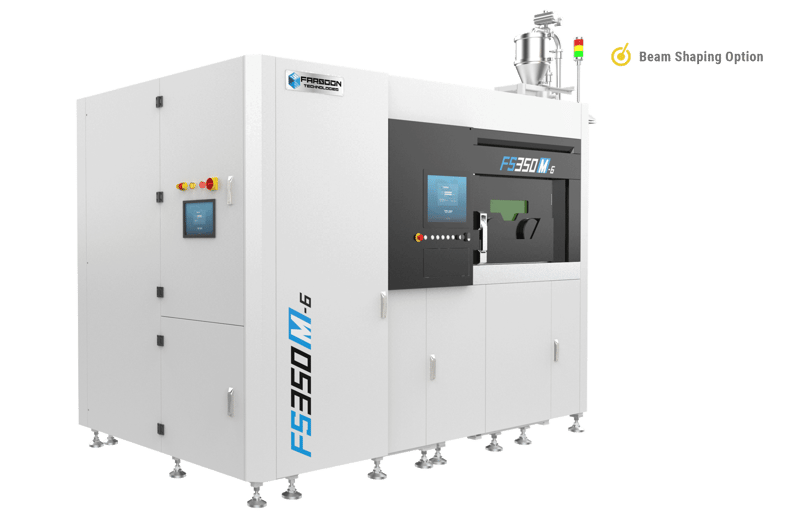 Impressora 3D de metal Farsoon FS350M em vista de três quartos, com fundo transparente