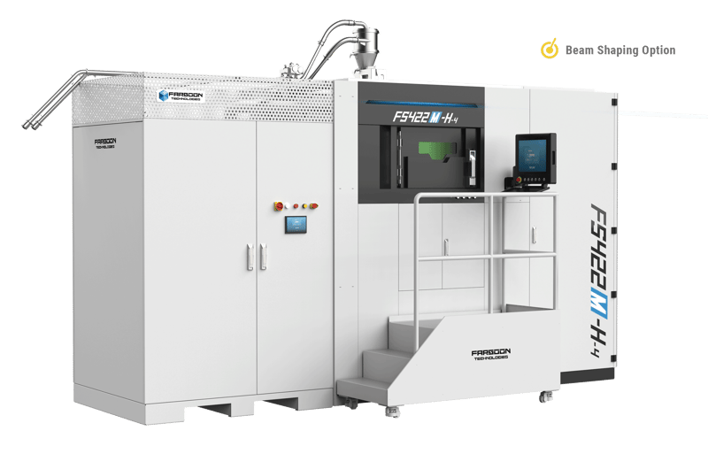 Impressora 3D de metal Farsoon FS422M em vista de três quartos, com fundo transparente
