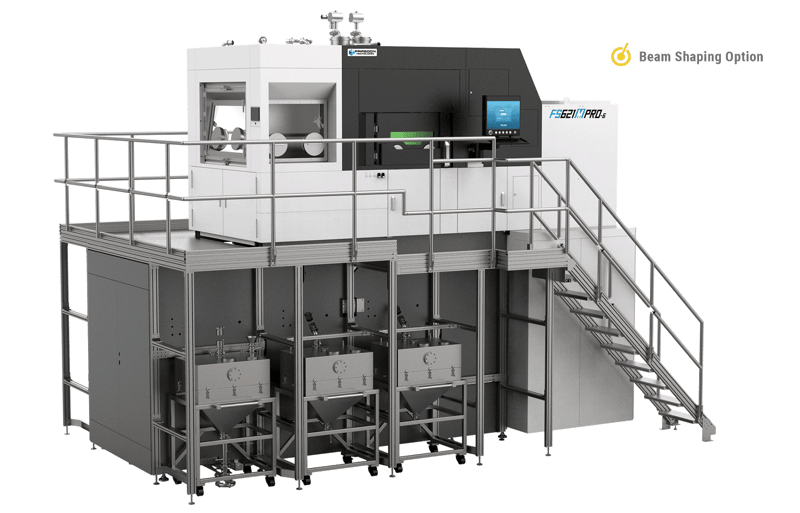 Impressora 3D de metal Farsoon FS621M em vista de três quartos, com fundo transparente