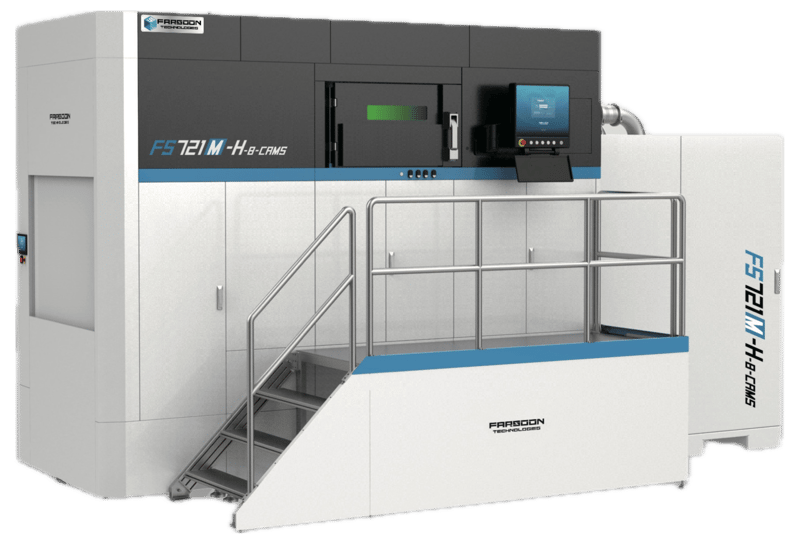 Impressora 3D de metal Farsoon FS721M-CAMS em vista de três quartos, com fundo transparente