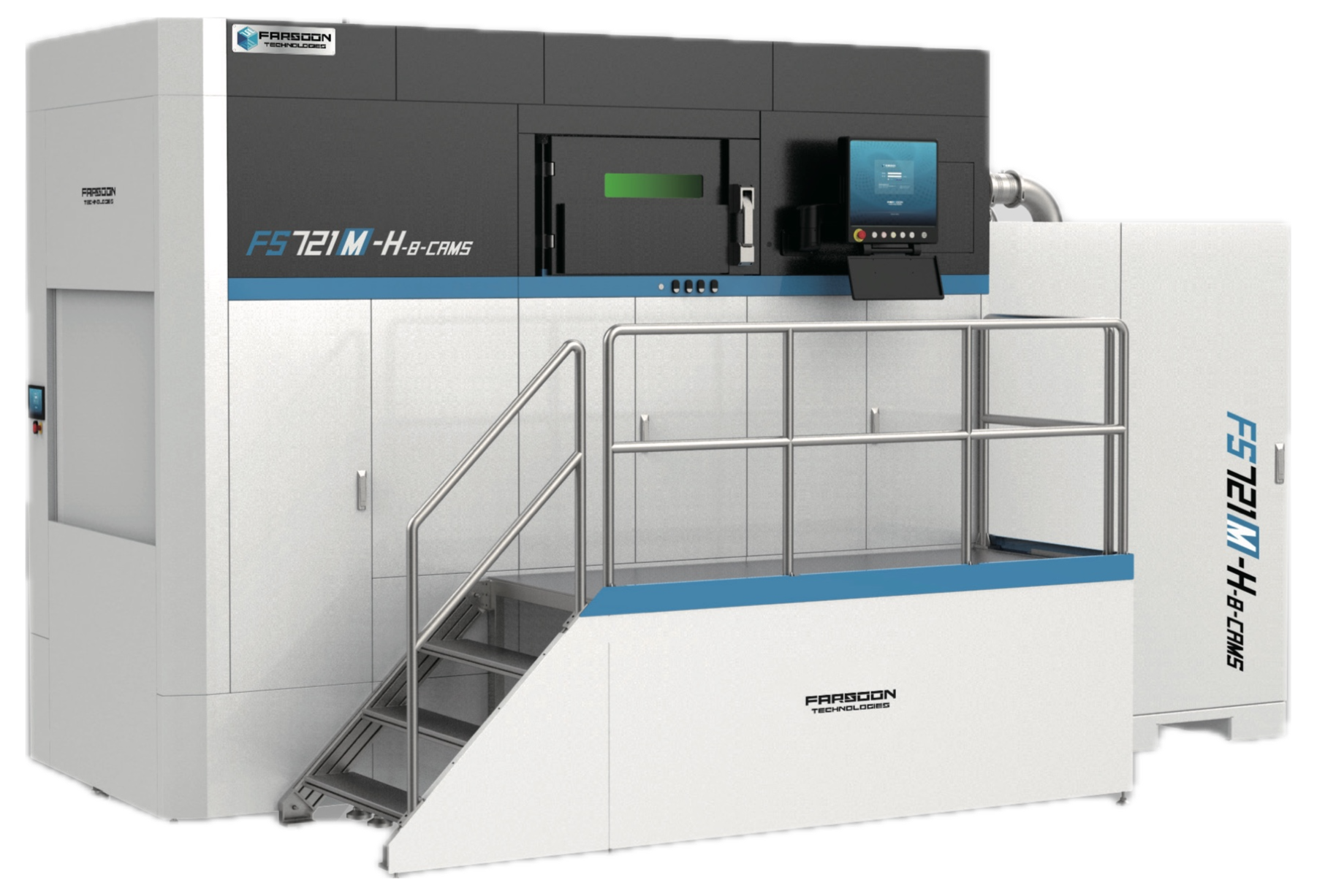 Impressora 3D de metal Farsoon FS721M-CAMS de gabinete branco, com escada e plataforma de acesso