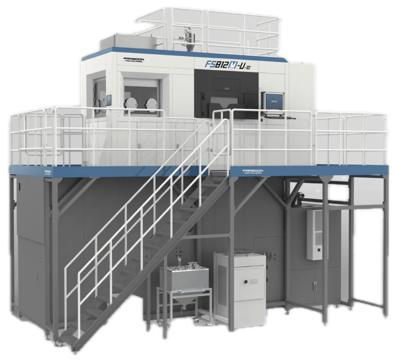 Impressora 3D de metal Farsoon FS812M em vista de três quartos, com fundo transparente