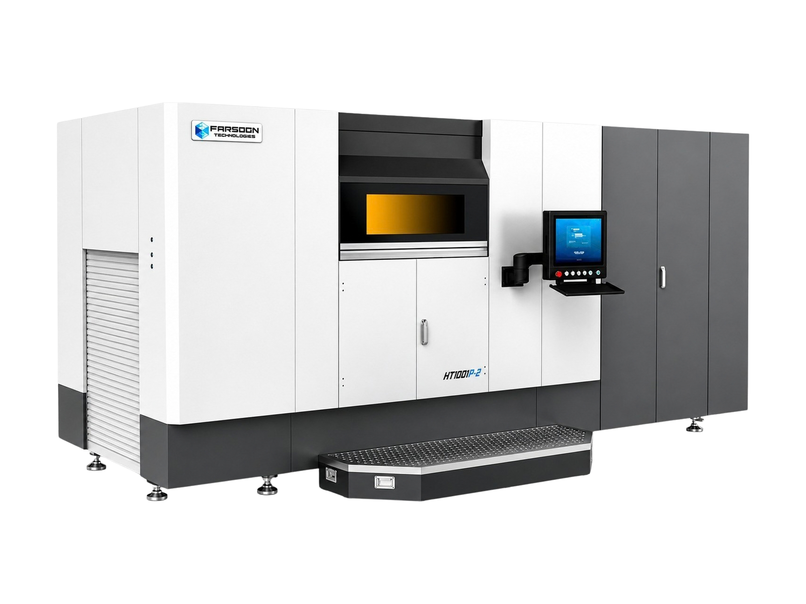 Impressora 3D SLS Farsoon HT1001P-2 em vista de três quartos, com fundo transparente