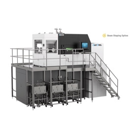Impressora 3D de metal Farsoon FS621M, de gabinete branco com plataforma