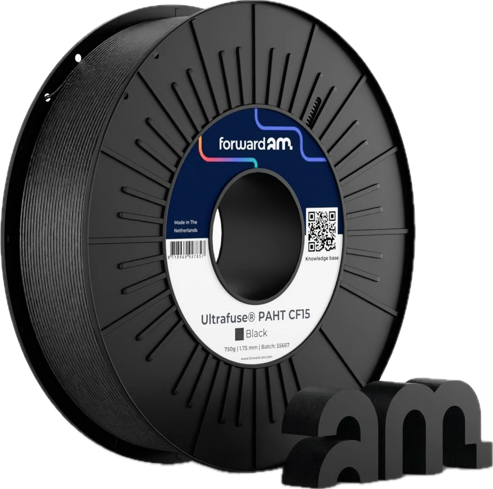 Carretel de filamento Ultrafuse PAHT CF15 preto da Forward-AM, de 1,75 mm, com o símbolo da marca