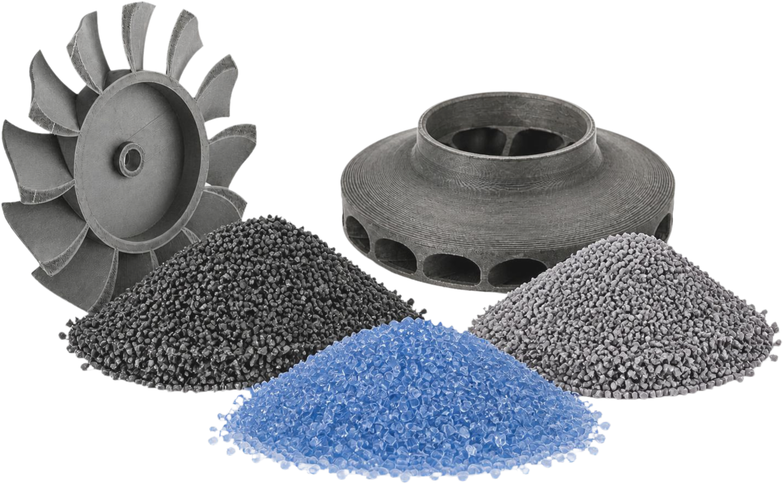 Rotor em PP GF30 e peça em PC GF30 impressos em pellet Forward-AM, com montes de pellet e de rPETG azul
