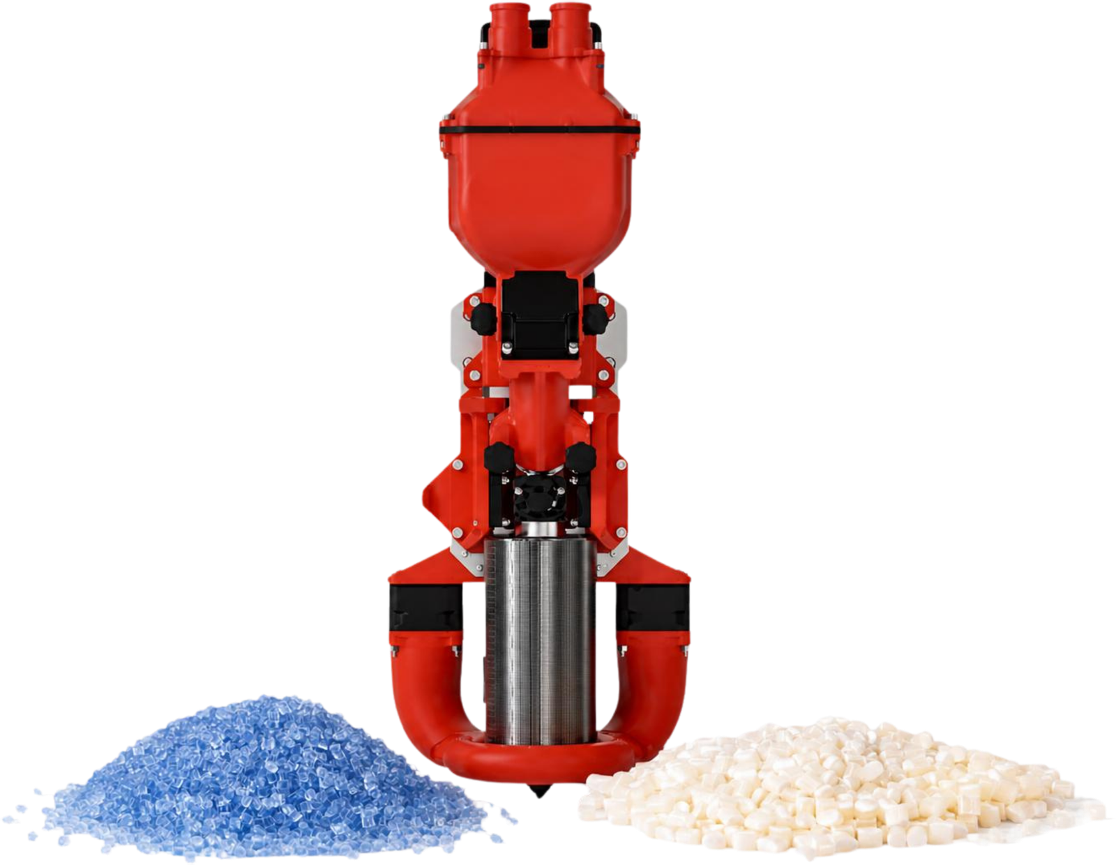 Extrusora de pellet Ginger Additive G1 vermelha ao lado de montes de pellet de polímero