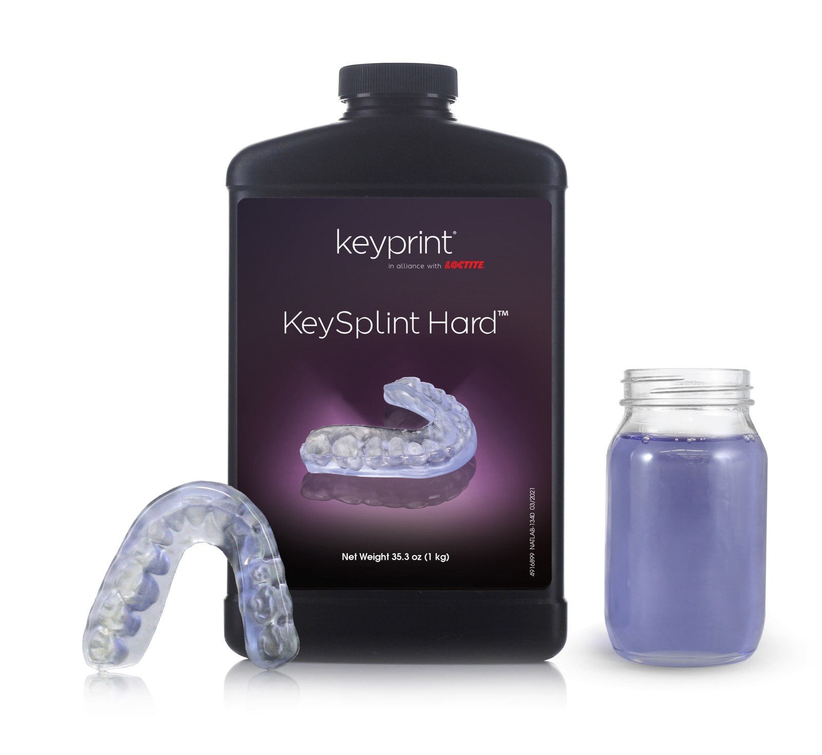 Frasco da resina KeySplint Hard da Keystone ao lado de uma placa oclusal impressa