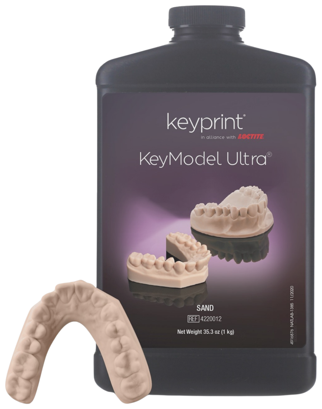Frasco de 1 kg da resina KeyPrint KeyModel Ultra da Keystone com modelo dental impresso