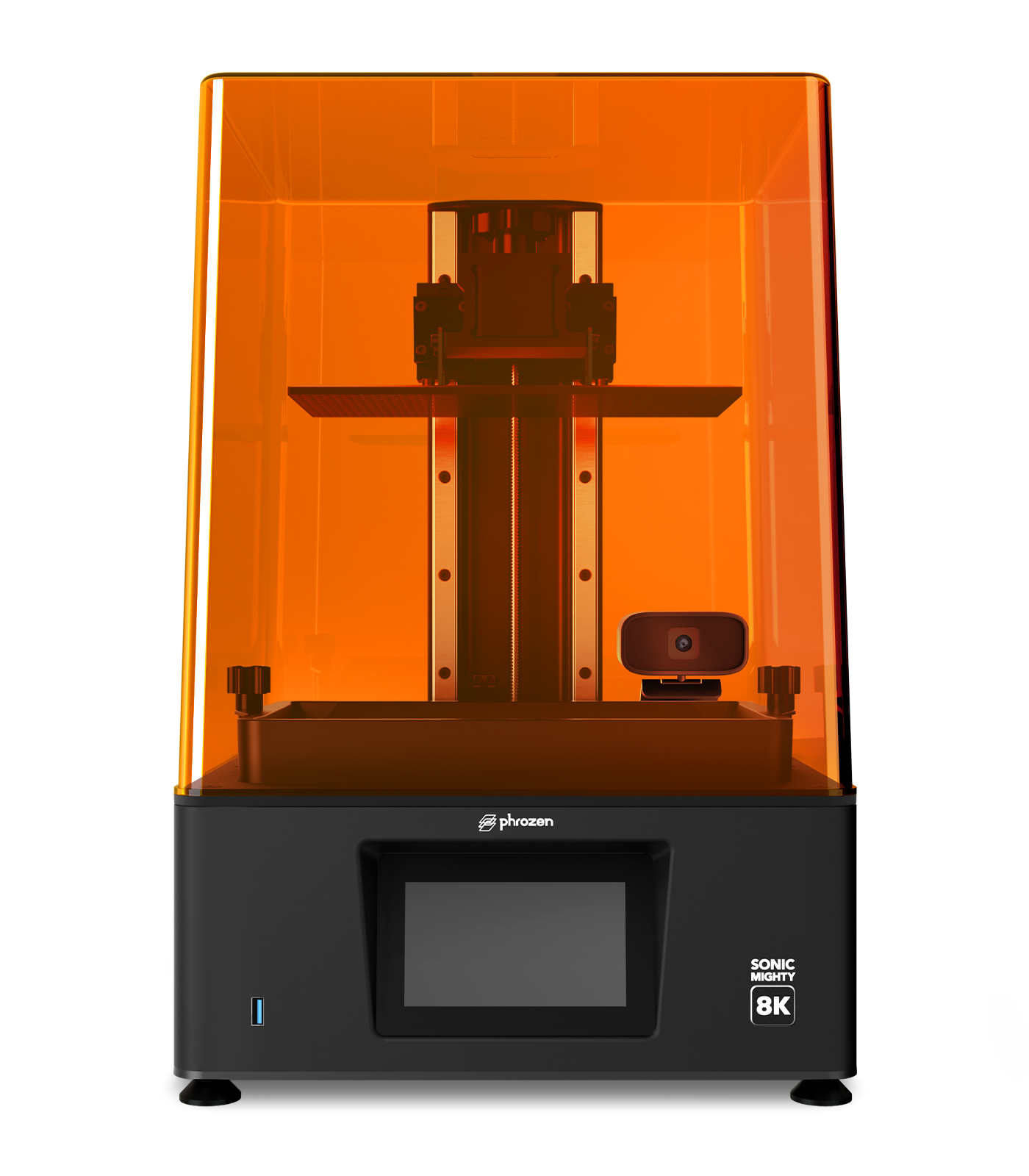 Impressora 3D de resina Phrozen Sonic Mighty 8K em vista frontal, com a tampa laranja fechada