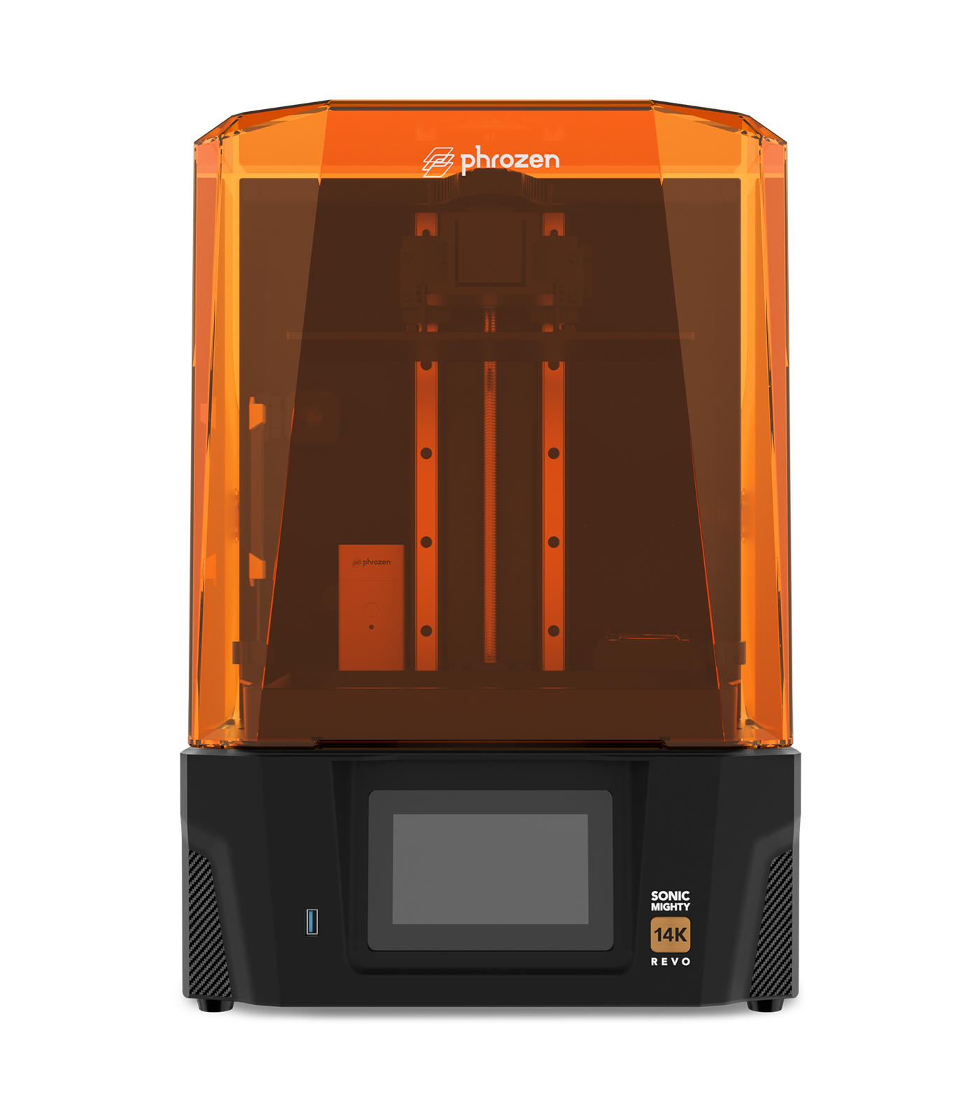 Impressora 3D de resina Phrozen Sonic Mighty Revo 14K em vista frontal, com a tampa laranja fechada