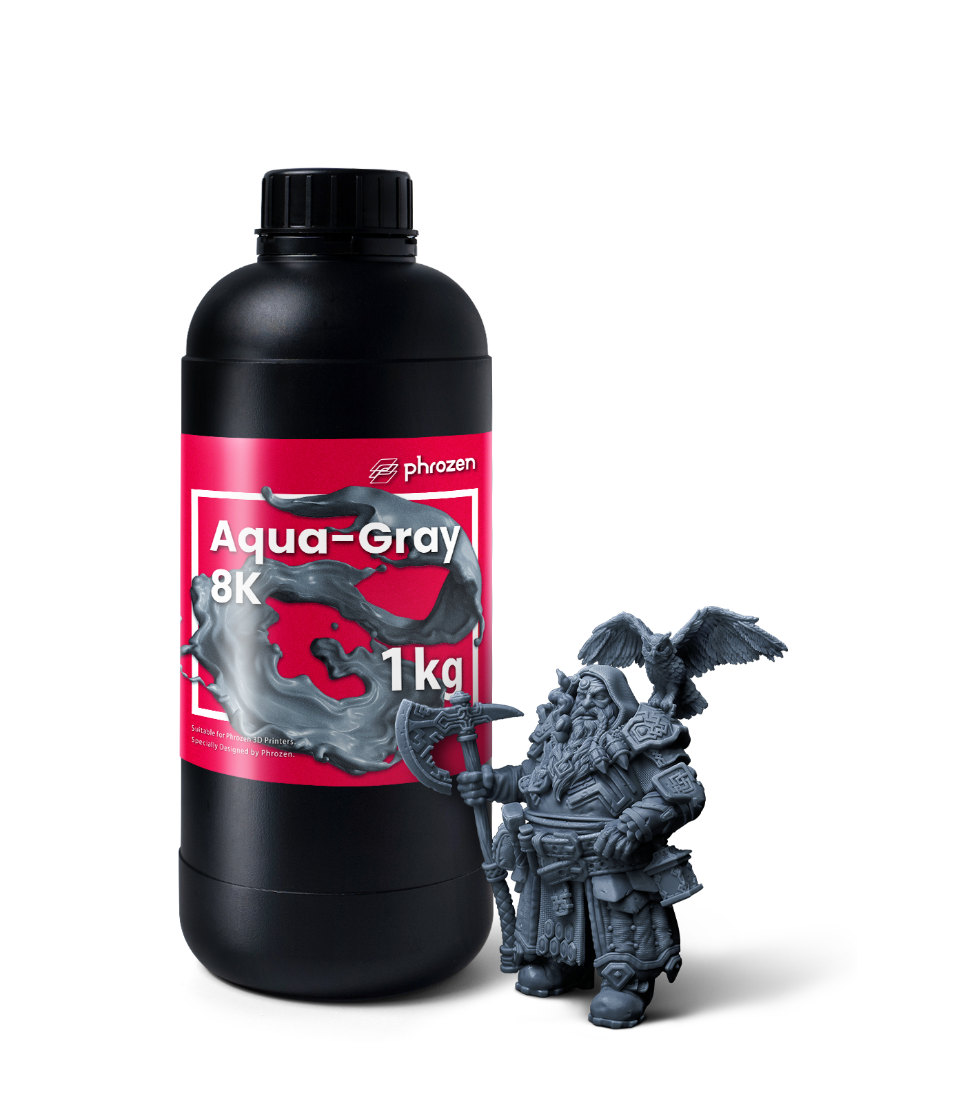 Frasco da resina Phrozen Aqua 8K cinza ao lado de uma miniatura impressa