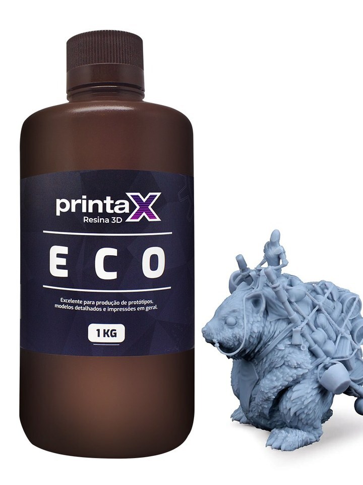 Frasco da resina PrintaX ECO ao lado de uma miniatura impressa