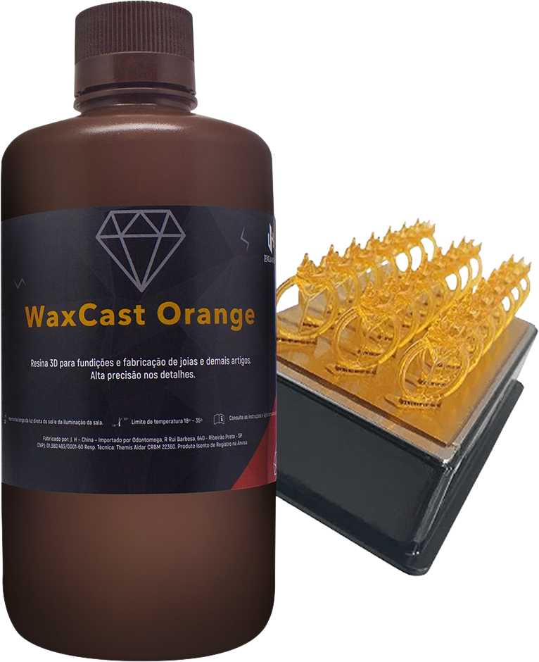 Frasco da resina calcinável PrintaX WaxCast Orange ao lado de uma árvore de anéis impressa para fundição