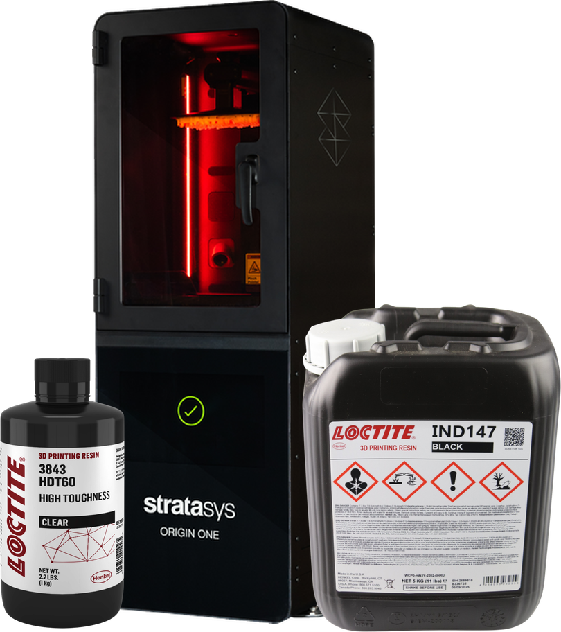 Impressora 3D de resina Stratasys Origin One com os frascos de resina LOCTITE 3D IND147 e 3843 à frente