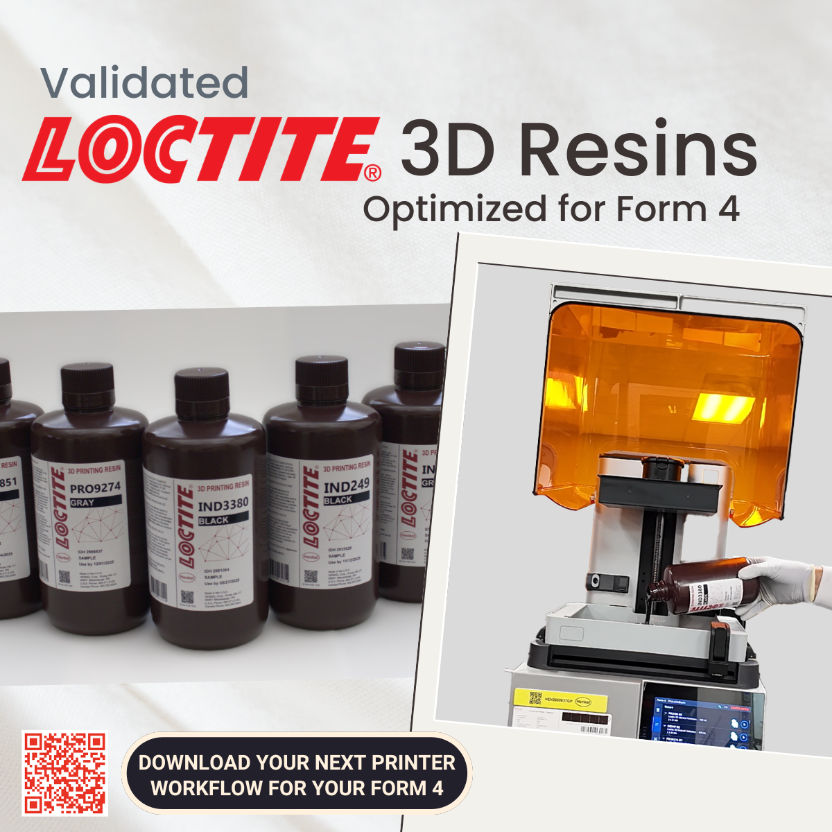 Arte da Henkel com frascos de resina LOCTITE 3D validados e a impressora Formlabs Form 4