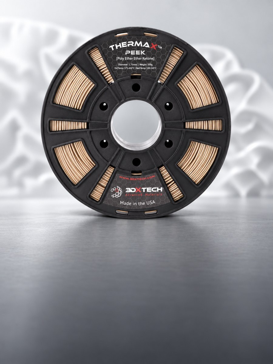 Bobina de filamento 3DXTech ThermaX PEEK natural em estúdio cinza-claro