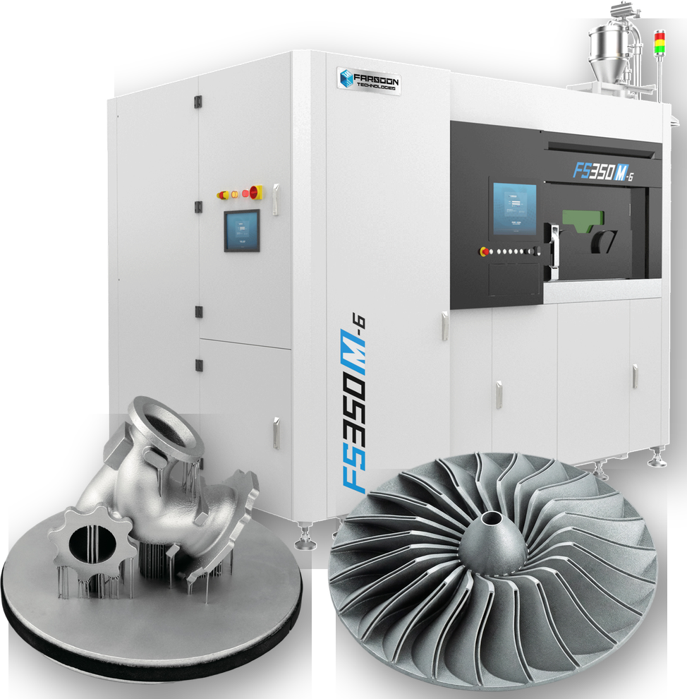 Impressora de metal Farsoon FS350M com bomba em AlSi10Mg e impeller radial impressos por SLM à frente