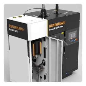 Impressora 3D de metal Renishaw RenAM 500, de gabinete branco e preto