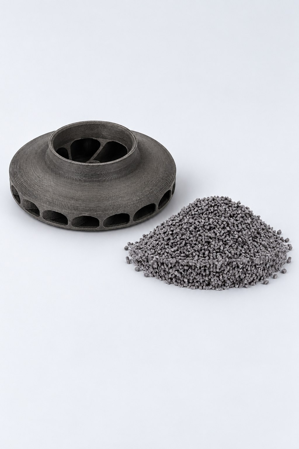 Peça impressa em pellet Forward-AM PC GF30, UL 94 V-0, ao lado do micropellet cinza