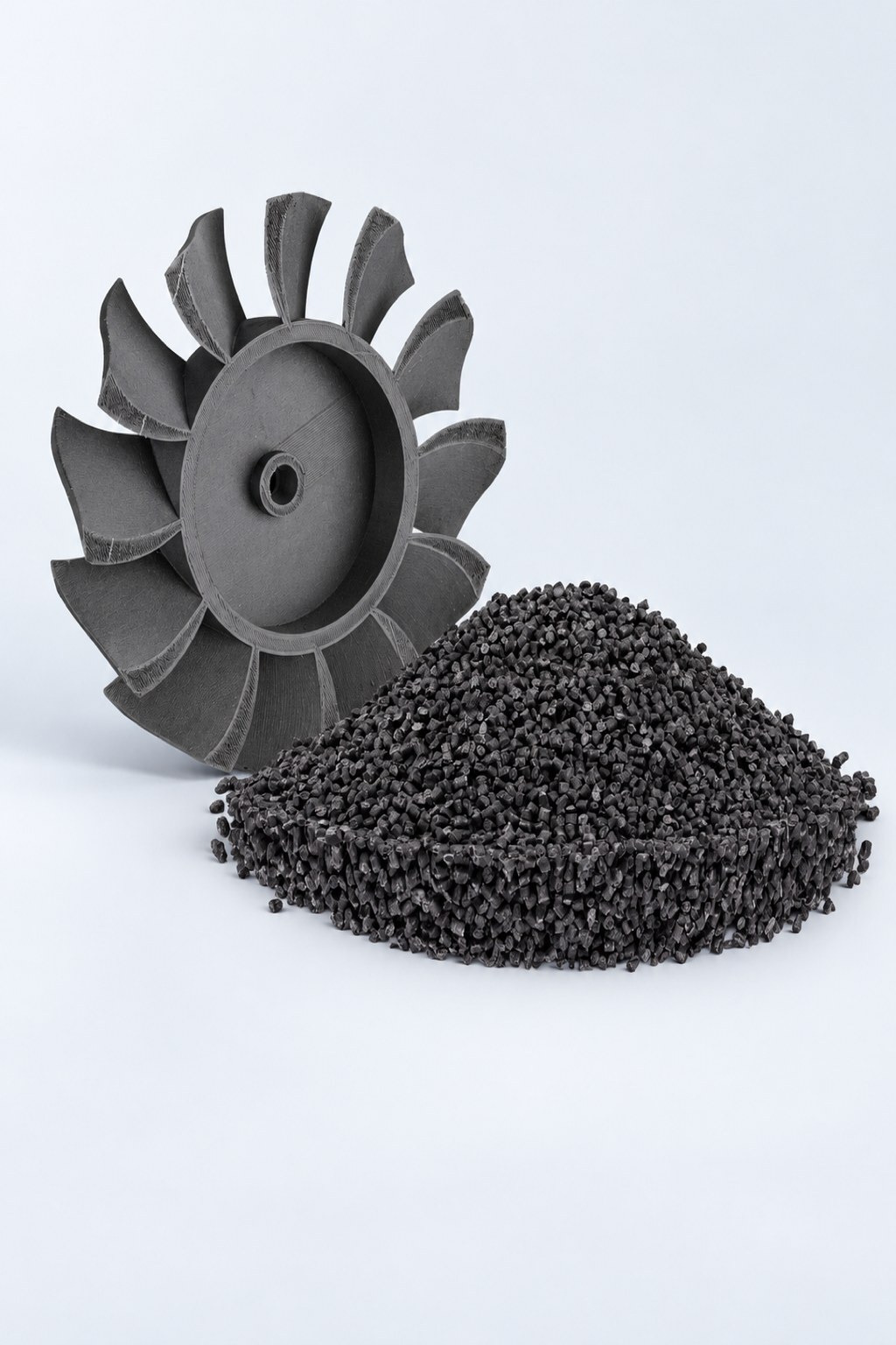 Rotor impresso em pellet Forward-AM PP GF30 ao lado do micropellet com fibra de vidro