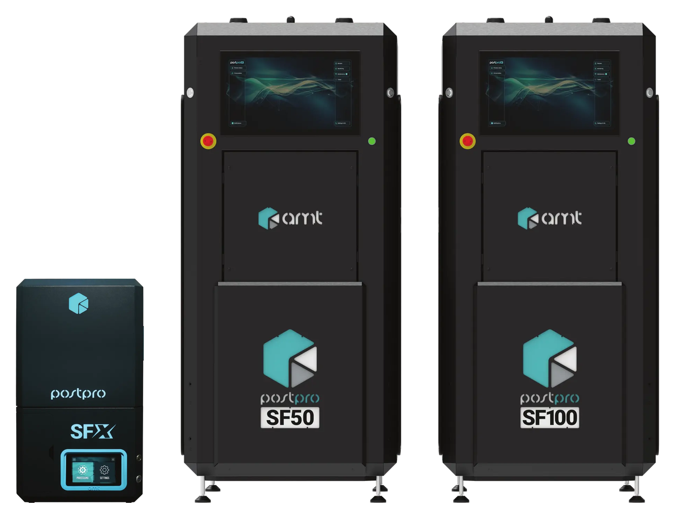 Sistemas de alisamento a vapor AMT PostPro SFX, SF50 e SF100, gabinetes pretos com tela de toque