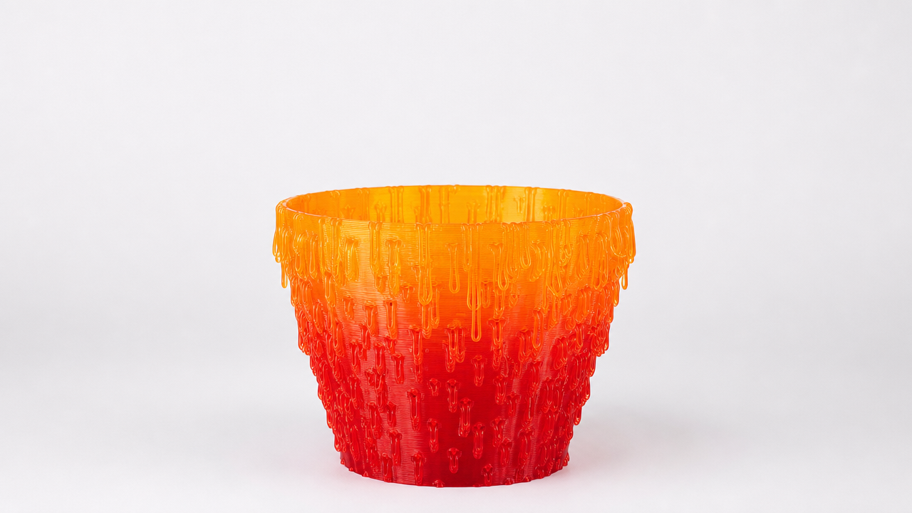 Peça grande impressa em pellet com degradê de laranja para vermelho e textura de gotas