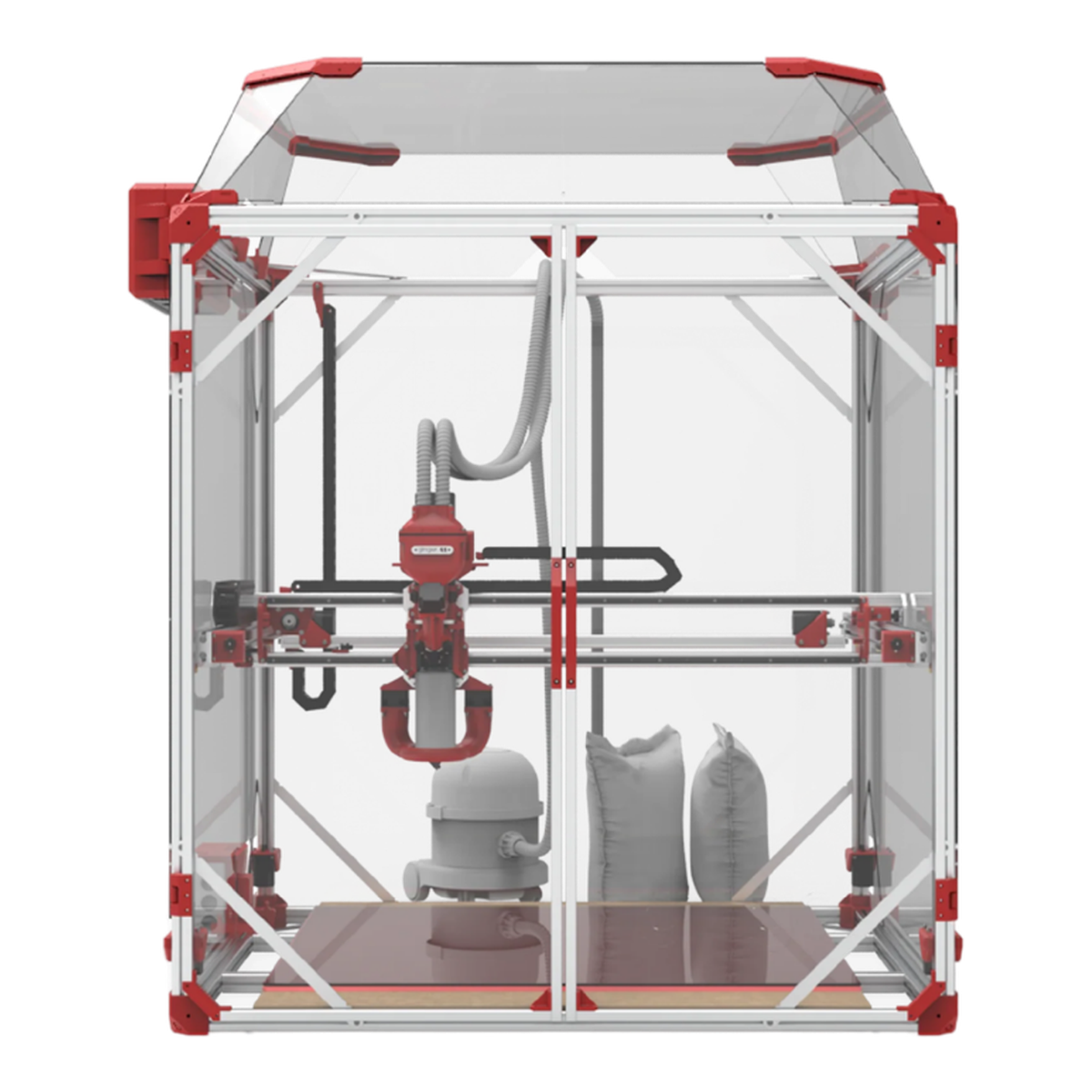 Impressora 3D de pellet Ginger G1 com a camara aberta, o cabecote extrusor e os sacos de pellet na mesa