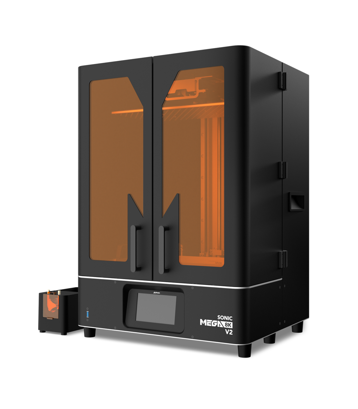 Impressora 3D de resina Phrozen Sonic Mega 8K V2 em vista de tres quartos, com a camara de portas duplas e o painel de toque