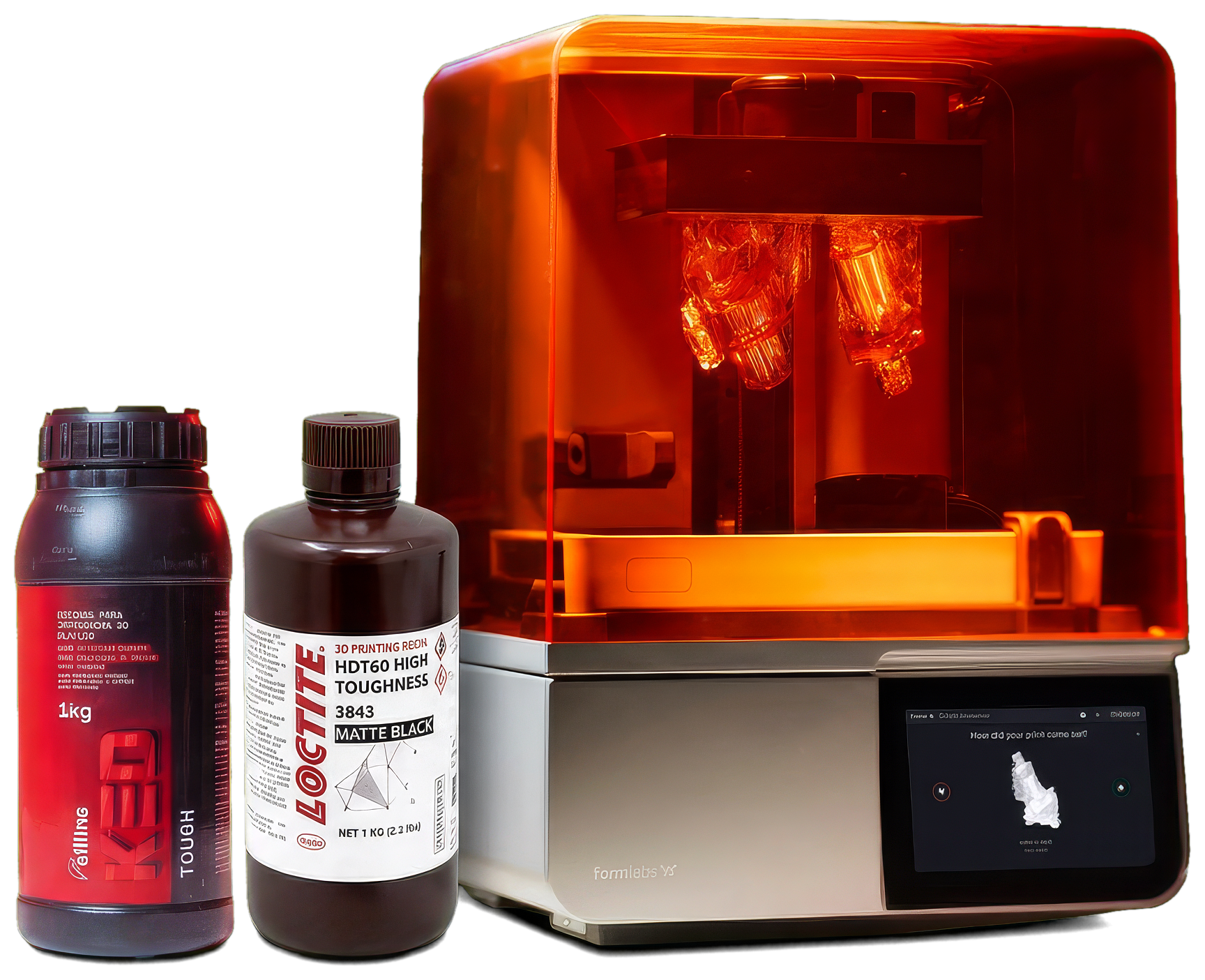 Impressora 3D de resina Formlabs Form 4 com os frascos de resina KED TOUGH e LOCTITE 3D 3843 à frente