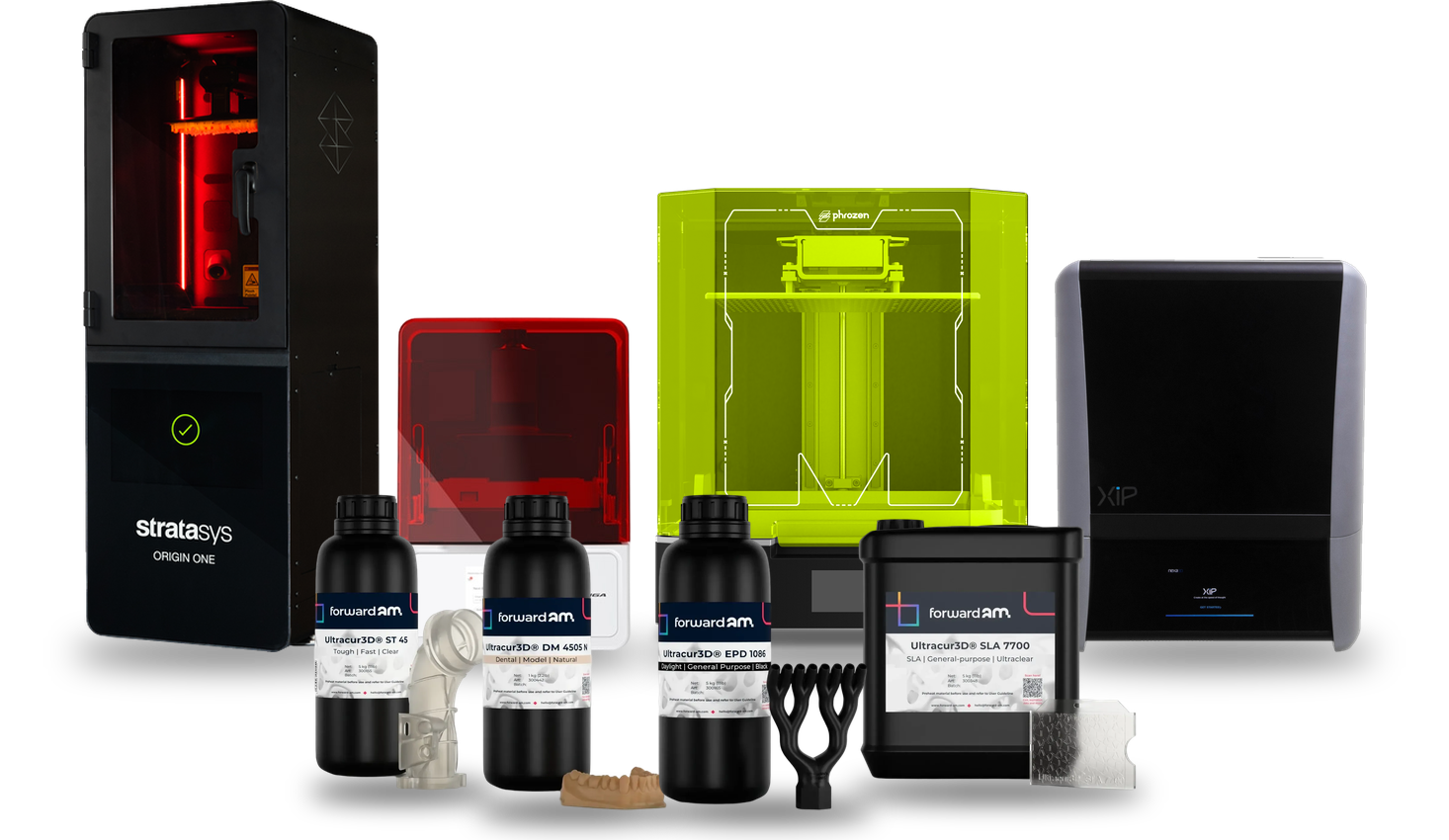 Impressoras 3D Stratasys Origin One, Asiga MAX UV, Phrozen Sonic Mega 8K S e Nexa3D XiP, com as resinas Ultracur3D ST 45, DM 4505 N, EPD 1086 e SLA 7700 à frente