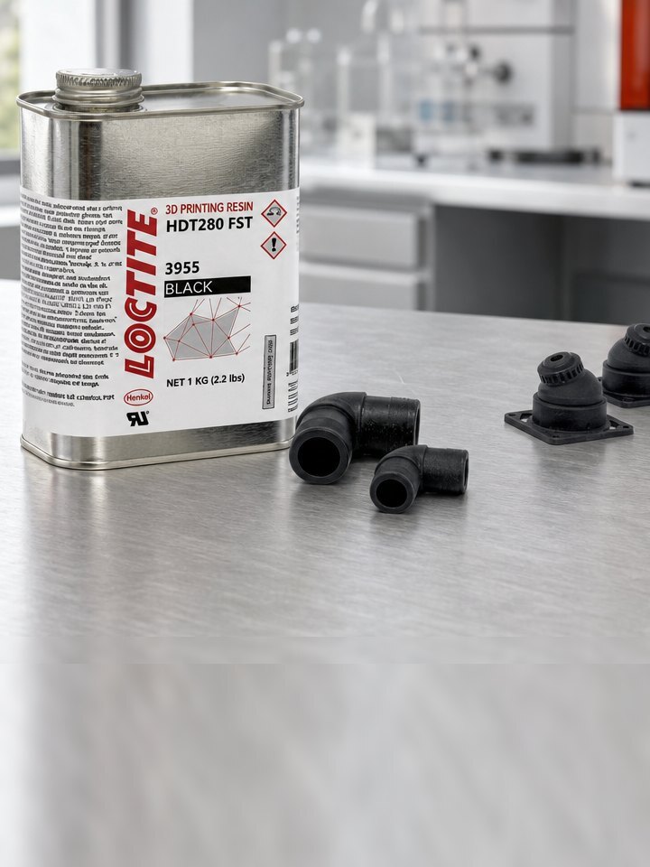 Frasco da resina LOCTITE 3D 3955 em bancada de laboratório, com peças impressas