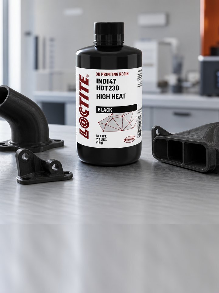 Frasco da resina LOCTITE 3D IND147 em bancada de laboratório, com peças impressas