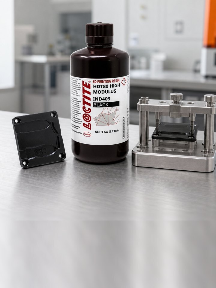 Frasco da resina LOCTITE 3D IND403 em bancada de laboratório, com peças impressas