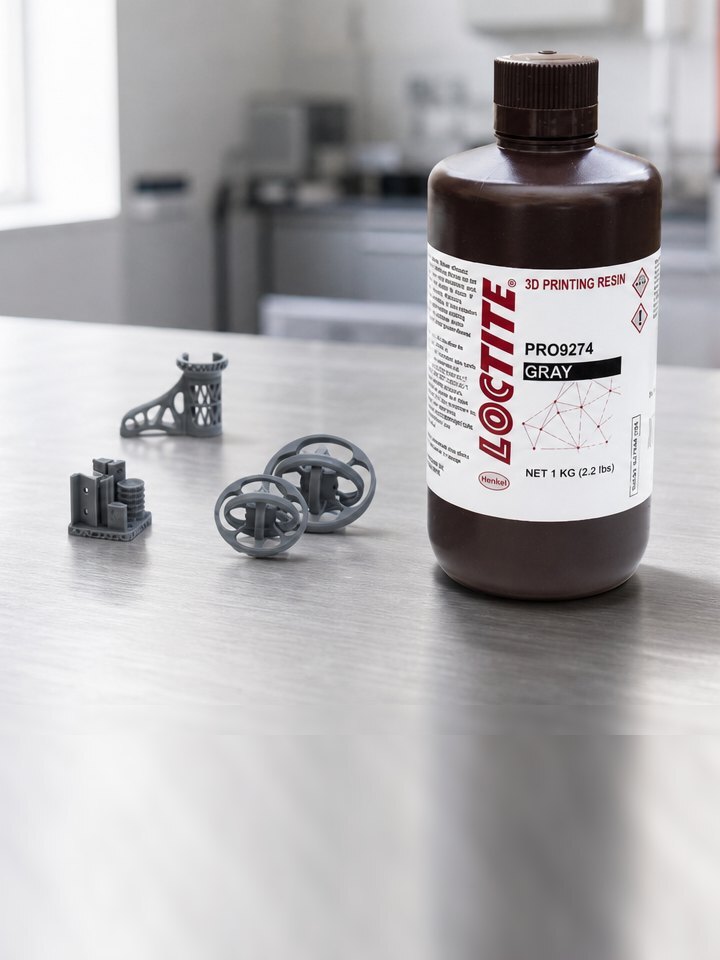 Frasco da resina LOCTITE 3D PRO9274 em bancada de laboratório, com peças impressas