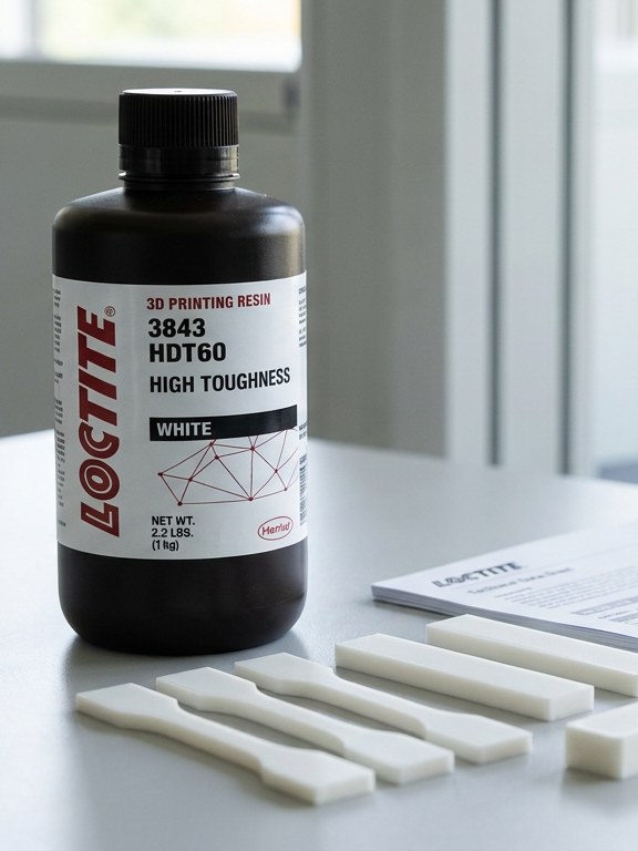 Frasco de resina LOCTITE 3D 3843 com corpos de prova de tração impressos em laboratório
