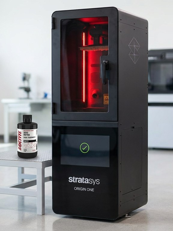 Impressora 3D Stratasys Origin One com o frasco de resina LOCTITE 3D 3843 ao lado