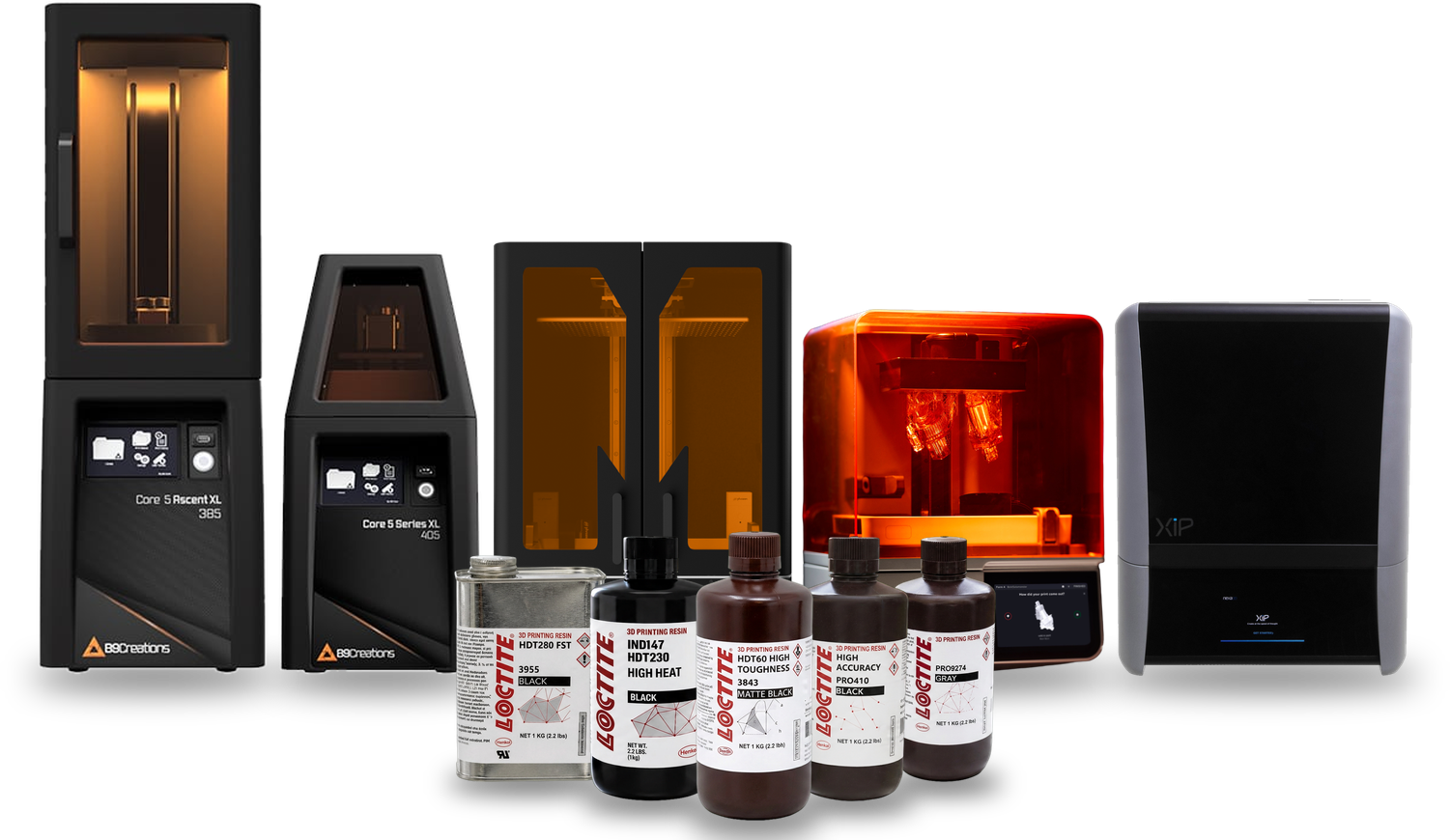 Impressoras 3D B9Creations Core 5 Ascent XL e Core 5 Series XL, Phrozen Sonic Mega 8K V2, Formlabs Form 4 e Nexa3D XiP, com cinco resinas LOCTITE 3D à frente: 3955, IND147, 3843, PRO410 e PRO9274
