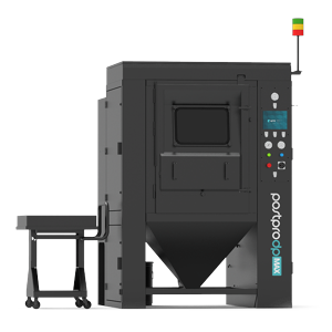 Sistema de remoção de pó AMT PostPro DP MAX, gabinete preto, em vista frontal