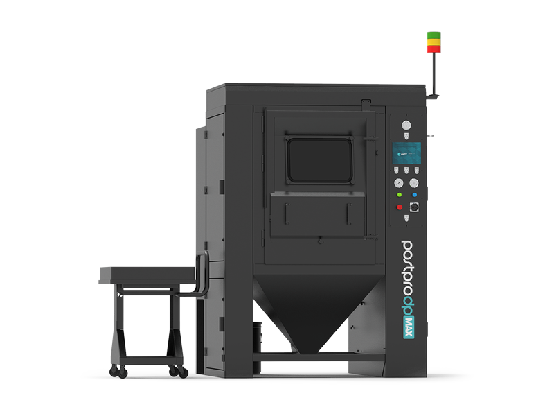 Sistema de remoção de pó AMT PostPro DP MAX, gabinete preto, em vista frontal
